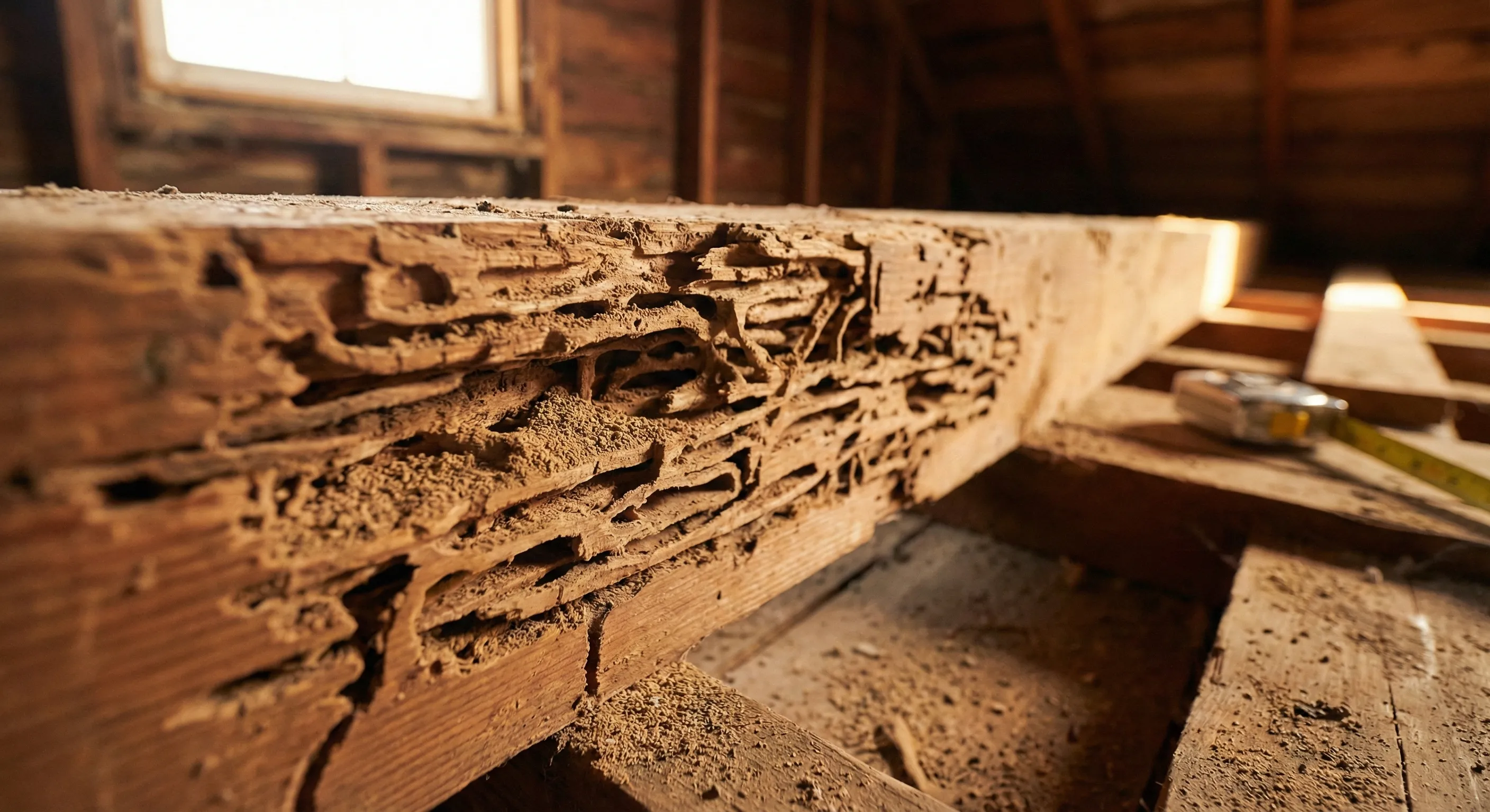 Daños causados por termitas en estructura de madera, tratamiento profesional de Plagicontrol